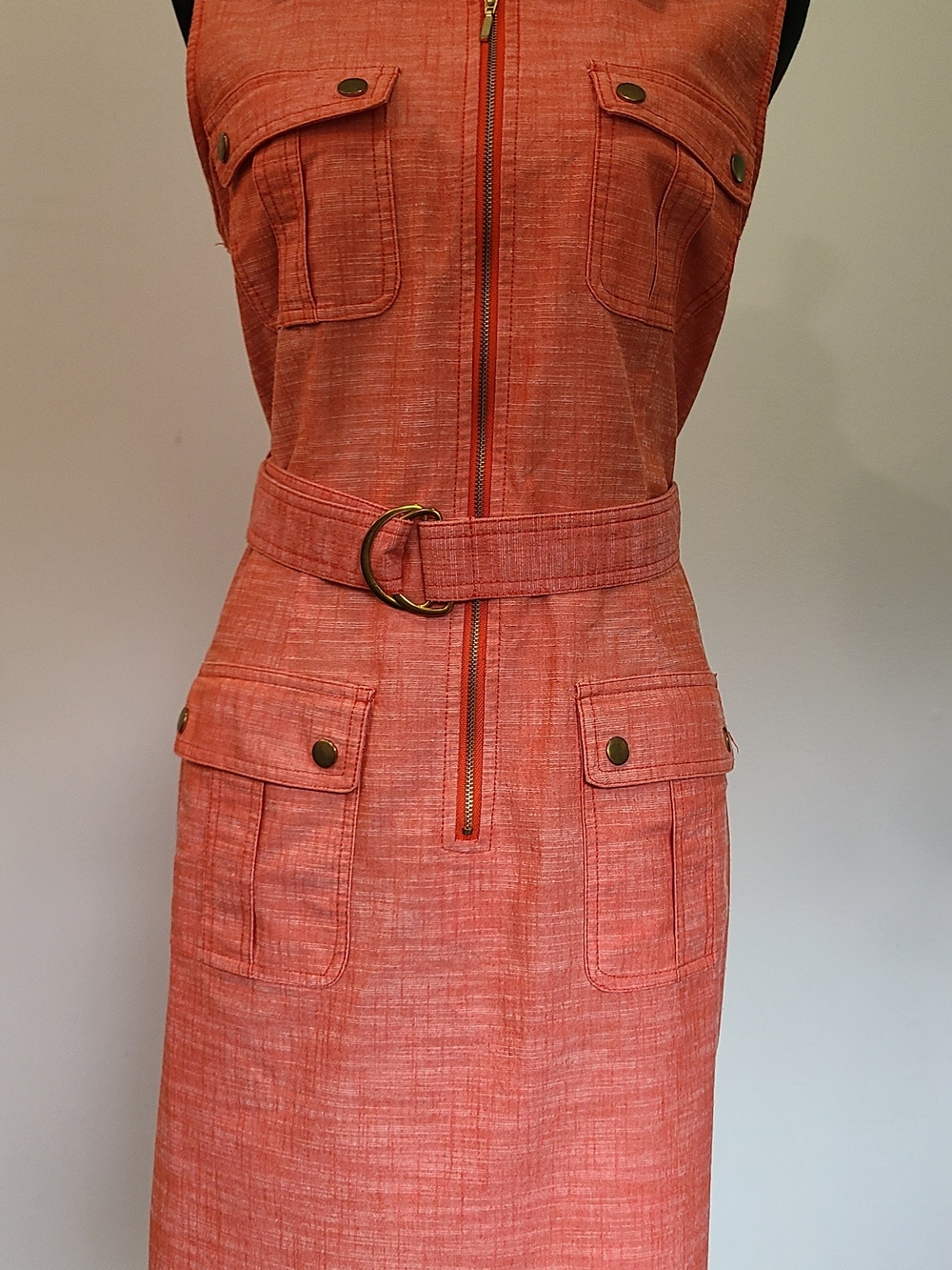 Sharagano Coral-Orange Sleeveless Belted 60's/70's Utility/Safari Style Dress